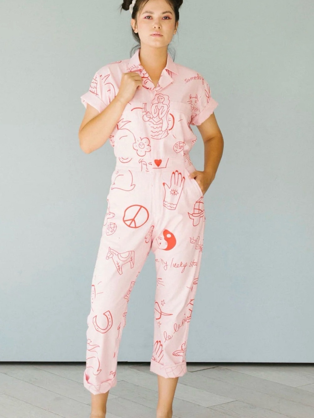 Pink Western Cowgirl Graphic Jumpsuit Tattoo Utility Boiler 100% cotton romper